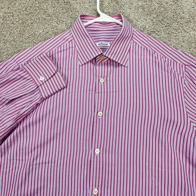 Kiton Camicia Uomo Rosa Bianca Blu Righe Elegante 17,5 44 Bottoni Made in Italy - Immagine 1 di 4