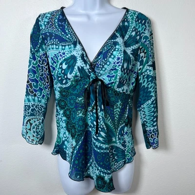 Vintage Womens Y2K Babydoll Blouse Sz L Paisley Bow Blue Fairy Lightweight Flowy - Image 1 of 4