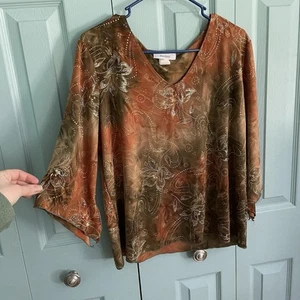 Dressbarn Womens Blouse 1X Y2K Fairycore Sparkle Glitter Boho Floral Hippie - Picture 1 of 11