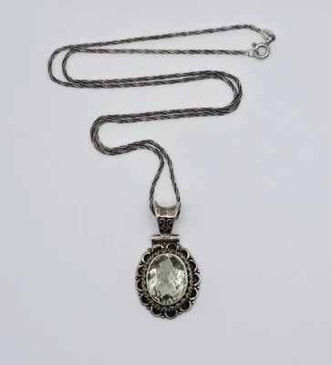 Vintage Sterling Silver Green Amethyst Pendant Necklace Prasiolite Floral Native - Image 1 of 4