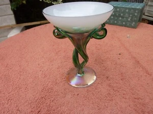 Art Nouveau Glass Bowl on Pedestal & Intertwined Legs Handmade Iridescent Green - Picture 1 of 9