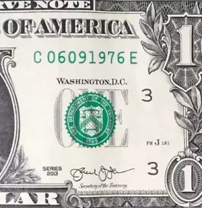 June 9, 1976 / 6 September 1976 : C 06091976 F BIRTHDAY Note $1 One Dollar Bill - Picture 1 of 3