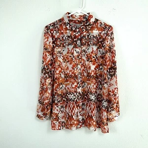 J Jill Sheer Blouse Size M Orange Brown Geometric Tribal Button Up Long Sleeve - Picture 1 of 13
