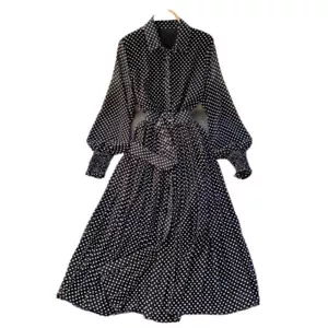 Lady Chiffon Pleated Dress Long Puff Sleeve Polka Dot Midi Button with Belt Soft - Picture 1 of 17