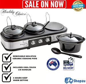 Healthy Choice 3 Pot Slow Cooker Non-stick Ceramic Triple Crock Pot Glass Lid AU - Picture 1 of 12