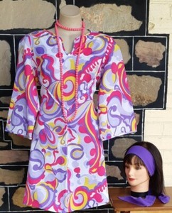 Bell Sleeved dress, 1970's, polyester, pink pop art print, with beads & Heads... Bell Sleeved dress, 1970's, polyester, pink pop art print, with beads & Heads...