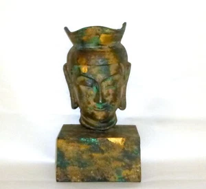 Stunning Vintage Cast Iron Sculpture Meditating Buddha 12" tall Head Mask Statue - Picture 1 of 8