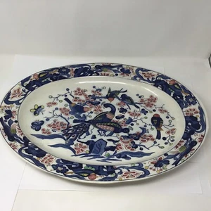 Vintage Platter Blue Birds Floral White Hand Paint Ceramic Unmarked 18.5"x 14" - Picture 1 of 4