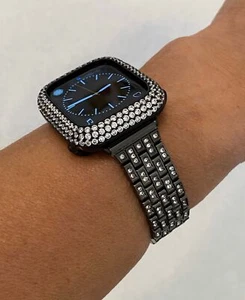 Black Apple Watch Band Crystal or Apple Watch Cover Lab Diamond Bumper Bling - Picture 1 of 10