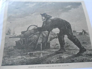 Gravure 1865 - Pêcheurs de crevettes dans la mer du Nord - Foto 1 di 1