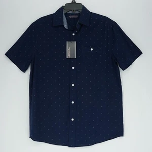 Camicia manica corta Roundtree & Yorke S marrone navy bianco Geo 100% cotone nuova con etichetta - Foto 1 di 9