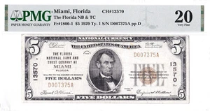 $5 1929 T1 National MIAMI Florida FL 🇺🇸 PMG 20 Very Fine! 🇺🇸 - Picture 1 of 2