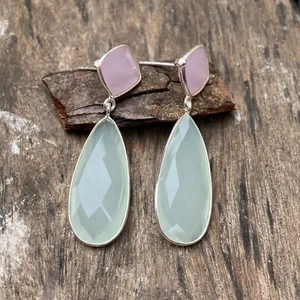 925 Sterling Silver White And Pink Chalcedony Faceted Drop Dangle Women Earring - Picture 1 of 5