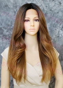 Dunkelbraun/Blond lang gerade Hitze OK Spitze vorne Echthaarmischung Perücke EVFL - Bild 1 von 9