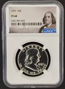 1957 NGC PF68 SILVER PROOF FRANKLIN HALF DOLLAR 50C Franklin Portrait Label - Picture 1 of 4