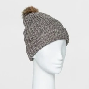 Mossimo Supply Co Womens Juniors Knit Hat Beanie Cuffed Pompom Winter Gray Marl - Picture 1 of 4