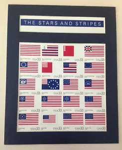 8 X 10 MATTED 2000 UNUSED U.S. STAMP SHEET SHOWING 20 AMERICAN FLAGS 1775-1960 - Picture 1 of 2
