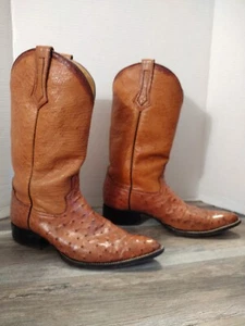 Tombstone Mens Boots Exotic Ostrich Leather Pointed Toe Boots U.S.A Sz 9 Cognac - Picture 1 of 22