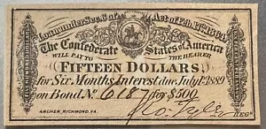 1864 $15 INTEREST RECEIPT BOND COUPON ROBERT TYLER SIGNATURE EX CONDITION regq - Picture 1 of 4