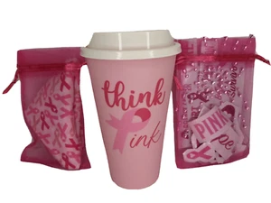 "Think Pink" Set, Breast Cancer Supporter, Body Stickers, Bandana, Cup w/lid - Picture 1 of 3