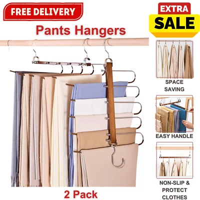 Wooden Pants Hangers Space Saver, Non-Slip Multiuse Closet Organizer, 2Pk-Walnut - Image 1 of 4
