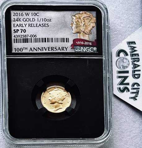 🔥2016W 10C MERCURY DIME 1/10TH OZ 24K GOLD NGC SP70 EARLY RELEASES 100TH ANNIV Cover
