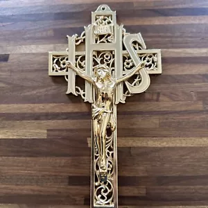 Pewter Filigree IHS Cross Crucifix with Antique Gold Tone Finish Decor, 9 Inch - Picture 1 of 7