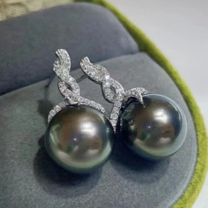 Elegante AAA++9-10MM Natur Tahiti Schwarz Perle Ohrringe 925 Silber Original - Bild 1 von 4