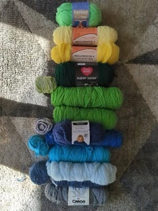 Random Green Blue Yellow Yarn Lot Red Heart Caron Bernat Acrylic Cotton Wool - Picture 1 of 4