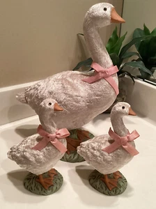 3er Set Midwest Of Cannon Falls Elfenbein Samt bedeckt Gänse Gänse Familie Ostern - Bild 1 von 10