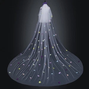 1-Tier Wedding Veil No Comb Bridal Illusion Veils Sheer Tulle 4-Petal Flowers - Picture 1 of 8