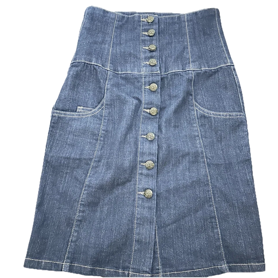Falda vaquera Era of Chaos para mujer 28 cintura alta botones bolsillos delanteros Y2K Rockabill Foto 1 de 4