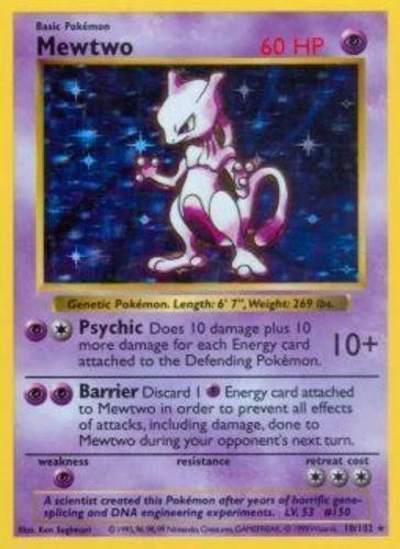 Lightly Played Mewtwo - 10/102 - Holo Rare - Shadowless Edition Pokemon Base Set - Image 1 of 1