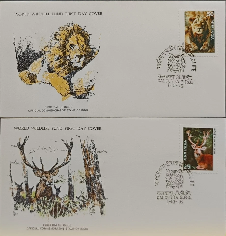 F-EX60735 INDIA WWF 1976 FDC SPECIAL PRINTING WILD LIFE LIONS FELINE SWAMO DEER. - Image 1 of 1