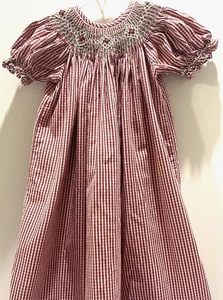 Secret Wishes 4T Red Gingham Smocked Bishop Dress Puff Sleeves Hand Embroidery - Picture 1 of 7