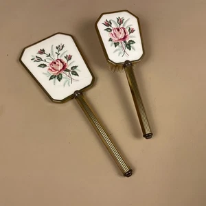 Vintage Rose Floral Vanity Set Hand Mirror & Brush Embroidery Regency Style - Picture 1 of 9