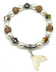 7.5" Mermaid Tail Stretch Bracelet CHAMPAGNE & Pearl Glass Beads & Rhinestones - Picture 1 of 4