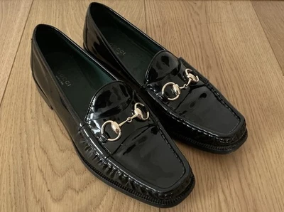 Gucci Womens Loafer Slip On Black Horsebit Gold Patent Leather Sz 40 40.5 Vintage - Image 1 of 4