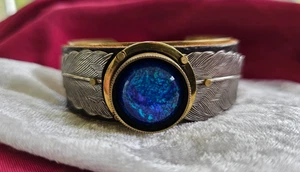 Mixed Media Manschette Armband Messing Glas Silber Leder Michael Stephens 2016 7" - Bild 1 von 11