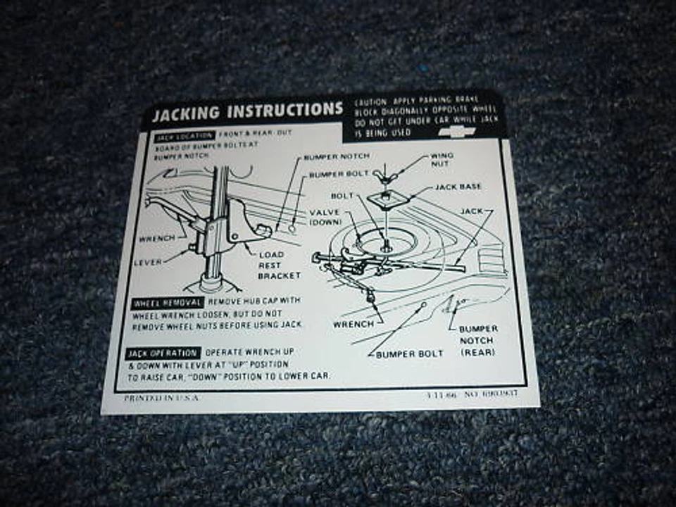 Chevrolet Chevelle Malibu 1967 jack instrucciones calcomanía Foto 1 de 1