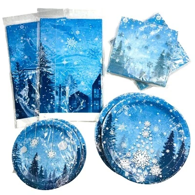 Winter Snowflake Scene Paper Plate & Napkins 10ct ea Plastic Tablecloth (2-Pack) - Image 1 of 3