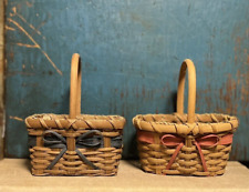 2 Child's Size Primitive wood Gathering Baskets w Bows Pink Blue Striped