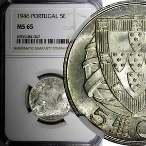 Portugal Silver 1946 5 Escudos NGC MS65 Mintage 404.000 Ship GEM BU KM# 581 (7) - Picture 1 of 5