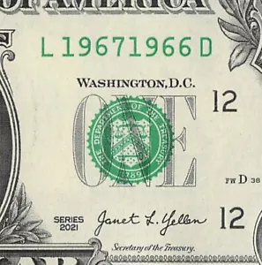 1967 1966 Tombstone Date Note Fancy Serial Number One Dollar Bill Crisp UNC - Picture 1 of 11