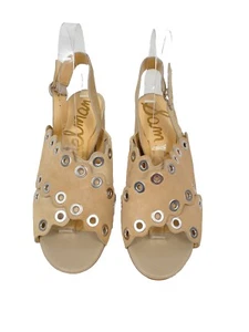 Sam Edelman Seana Block Heel Sandals Shoes Beige Suede Grommet Slingback Sz 7.5 - Picture 1 of 9