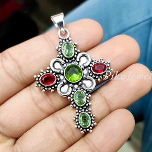 Peridot & Granat Edelstein 925 Sterling Silber Statement Anhänger Kreuz Schmuck - Bild 1 von 8