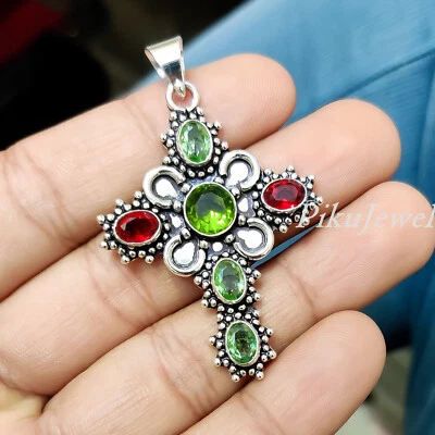 Peridot & Granat Edelstein 925 Sterling Silber Statement Anhänger Kreuz Schmuck - Bild 1 von 4
