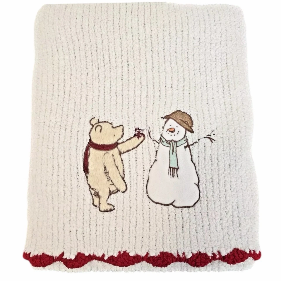 Disney Classic Winnie the Pooh Chenille Baby Blanket Snowman White Red Trim HTF - Image 1 of 4
