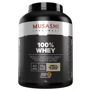 New MUSASHI 100% WHEY Protein Powder 2KG Vanilla Milkshake Flavour - Picture 1 of 2