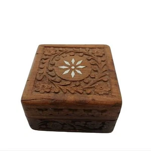 Vintage Jewelry Trinket Box Wood Shell Inlay Flower Carved Brown - Picture 1 of 4